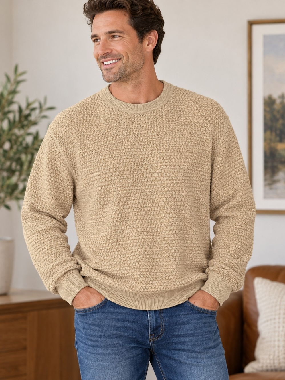 Tricots St Raphael Men’s XL 100% Pima Cotton Beige Textured Knit Crewneck Sweate